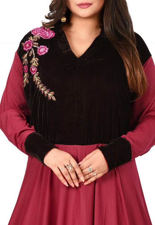 Embroidered Lycra Flared Gown in Maroon and Dark Brown