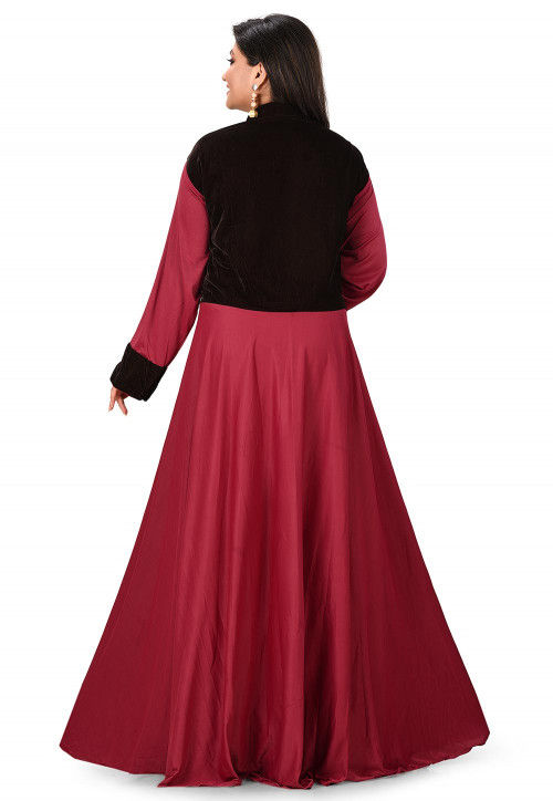 Embroidered Lycra Flared Gown in Maroon and Dark Brown
