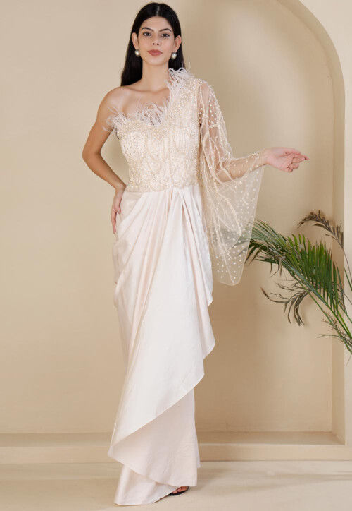 Embroidered Lycra(Elastane) and Net Draped Gown in Off White