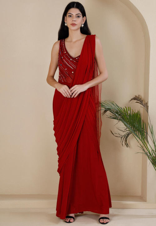 Buy Beige Silk Crepe Plain Asymmetric Pre-draped Saree Gown For Women by  Ilk Online at Aza Fashions.
