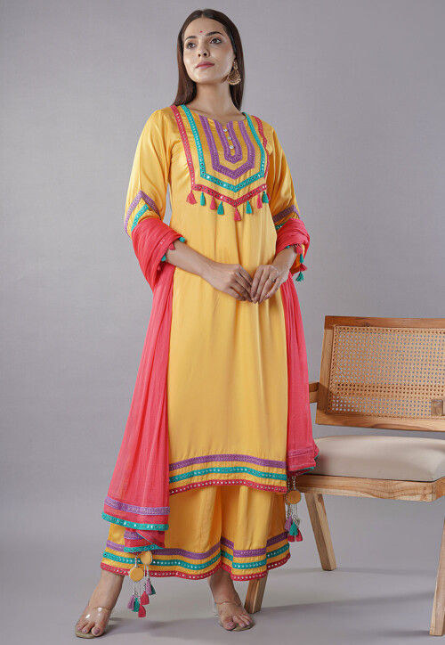 Embroidered Modal Satin Pakistani  Suit in  Yellow