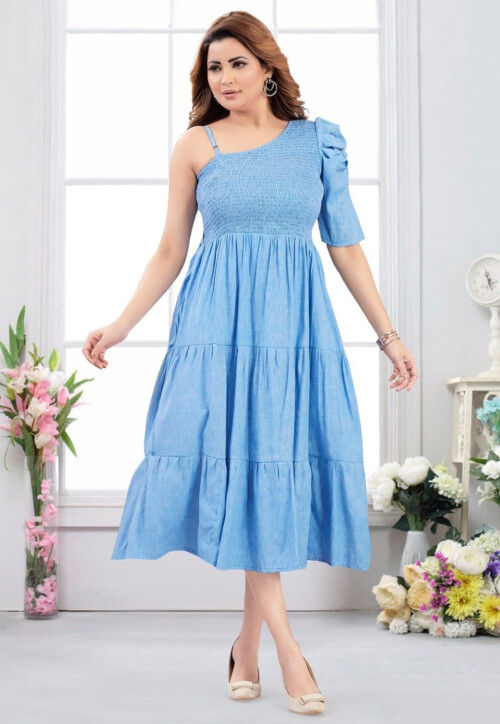 Buy Embroidered Muslin Silk A Line Dress in Light Blue Online