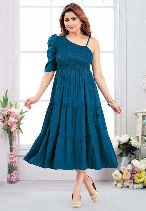 Embroidered Muslin Silk Tiered Dress in Teal Blue