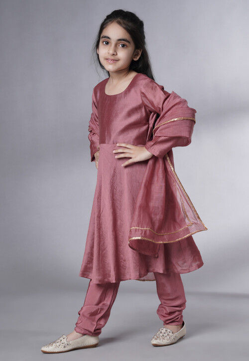 Embroidered Muslin Silk A Line Suit in Old Rose