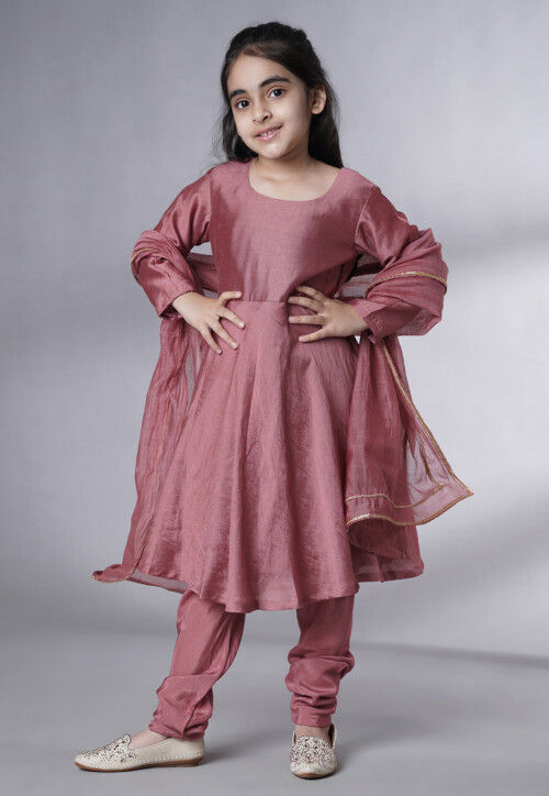 Embroidered Muslin Silk A Line Suit in Old Rose