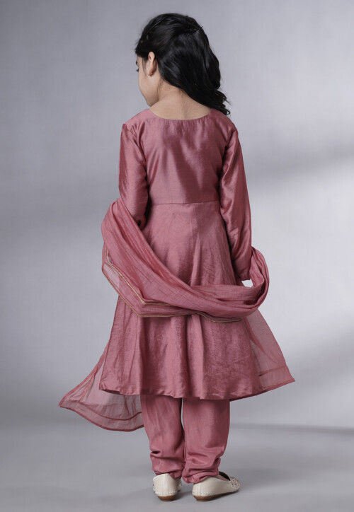 Embroidered Muslin Silk A Line Suit in Old Rose