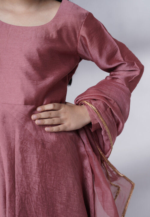 Embroidered Muslin Silk A Line Suit in Old Rose