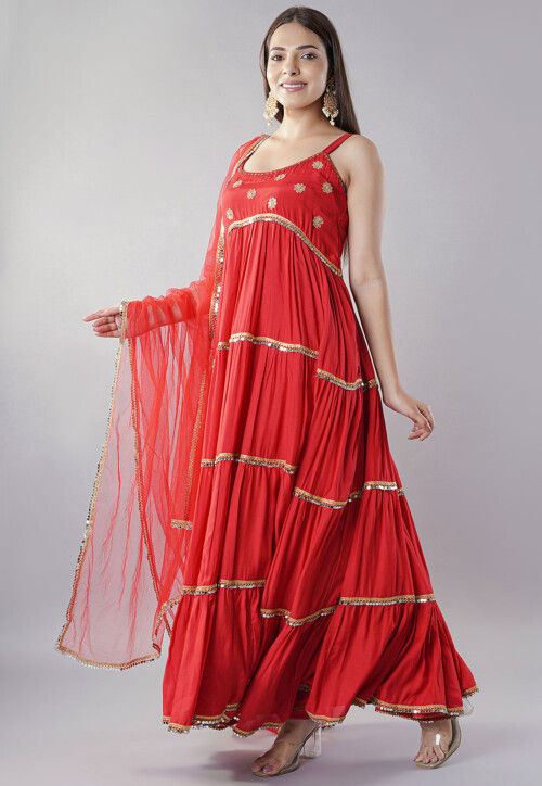 Embroidered Muslin Silk Abaya Style Suit in Red
