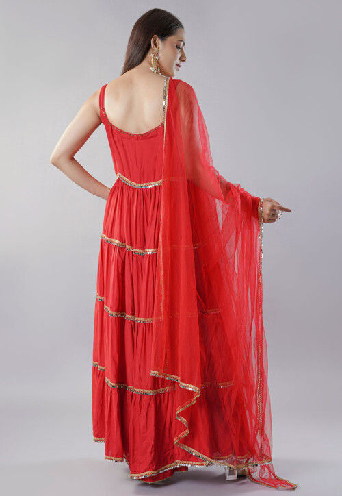 Embroidered Muslin Silk Abaya Style Suit in Red