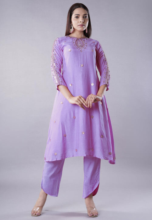 Embroidered Muslin Silk Aline Kurta Set in Lilac