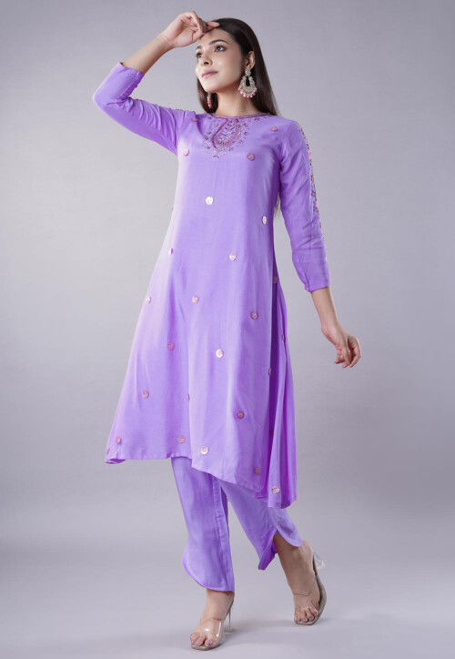 Embroidered Muslin Silk Aline Kurta Set in Lilac