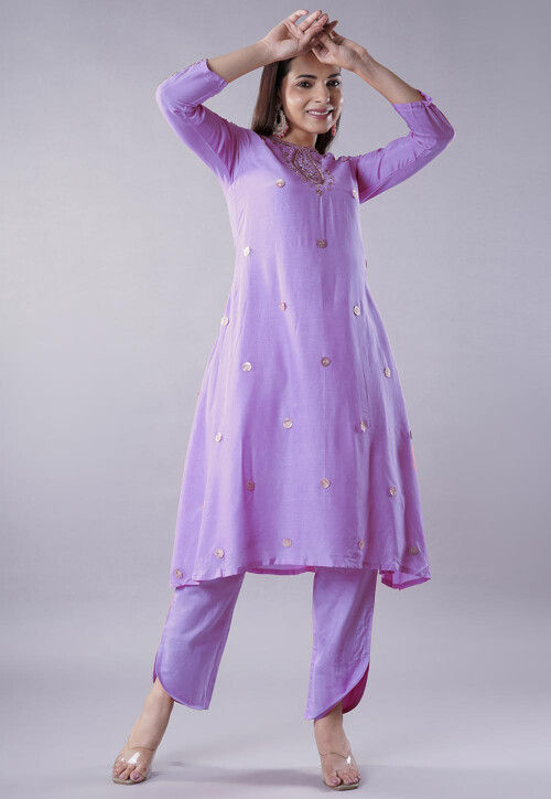 Embroidered Muslin Silk Aline Kurta Set in Lilac