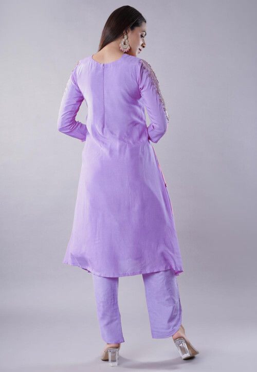 Embroidered Muslin Silk Aline Kurta Set in Lilac
