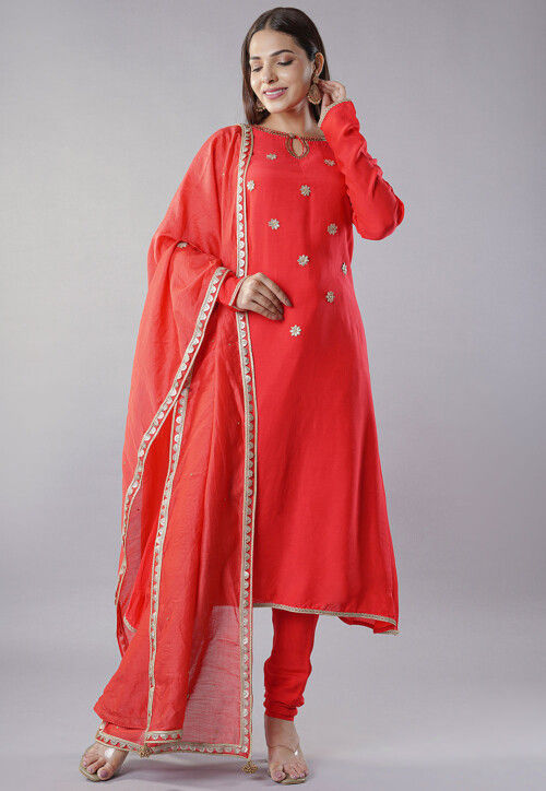 Embroidered Muslin Silk Aline Suit in Red