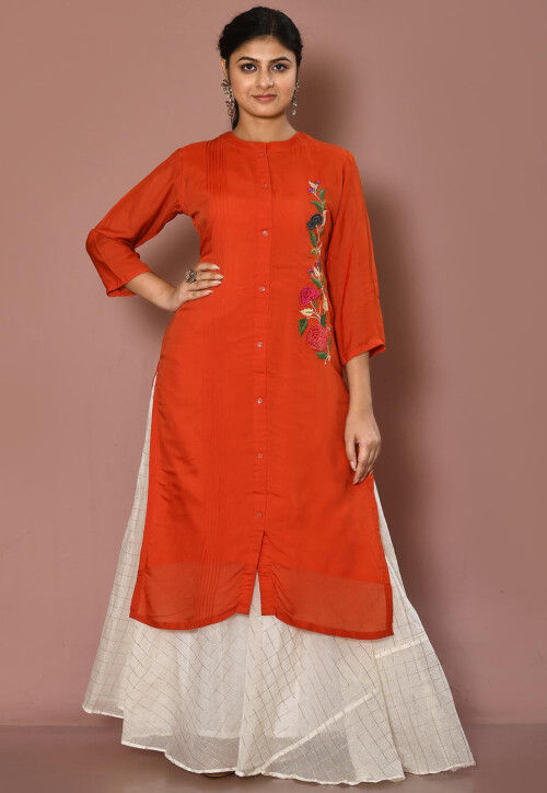 Embroidered Muslin Silk Lehenga in Orange