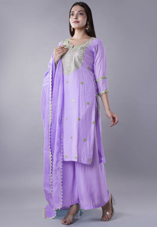 Embroidered Muslin Silk Pakistani Suit in Light Purple