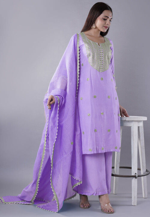 Embroidered Muslin Silk Pakistani Suit in Light Purple