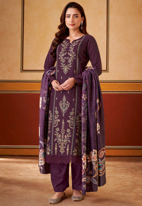 Embroidered Muslin Silk Pakistani Suit in Purple