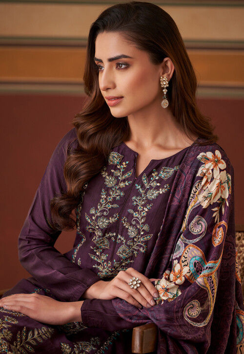 Embroidered Muslin Silk Pakistani Suit in Purple