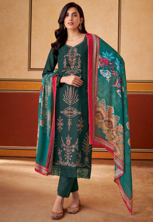 Embroidered Muslin Silk Pakistani Suit in Teal Green