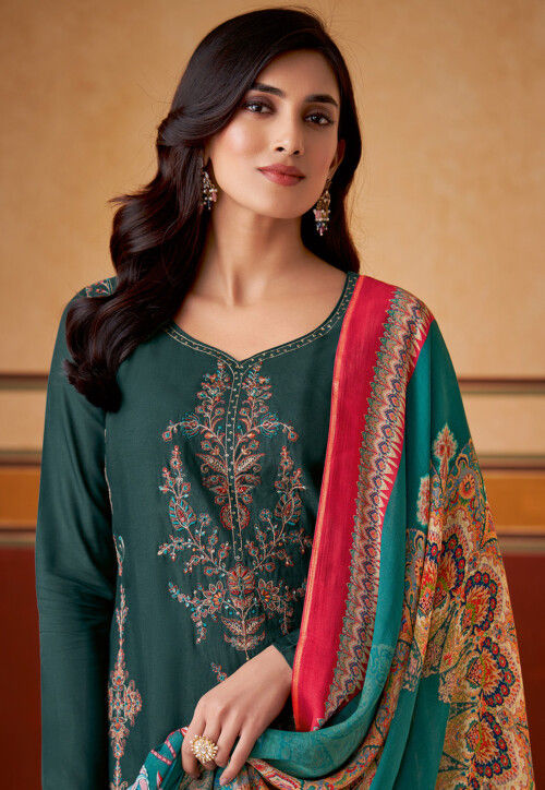 Embroidered Muslin Silk Pakistani Suit in Teal Green