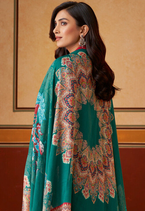 Embroidered Muslin Silk Pakistani Suit in Teal Green