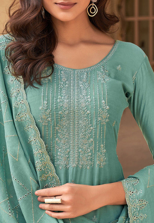 Embroidered Muslin Silk Pakistani Suit Light Blue : KCH6892