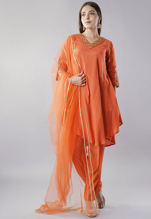 Embroidered Muslin Silk Pakistani  Suit in Rust