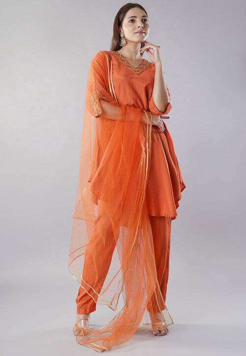 Embroidered Muslin Silk Pakistani  Suit in Rust