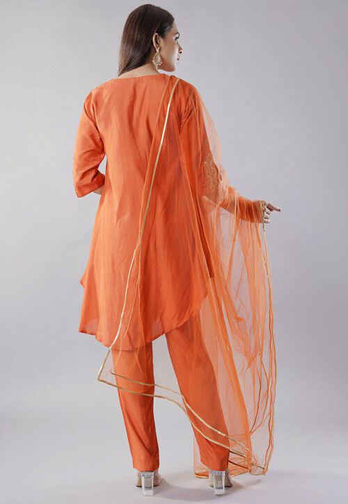 Embroidered Muslin Silk Pakistani  Suit in Rust