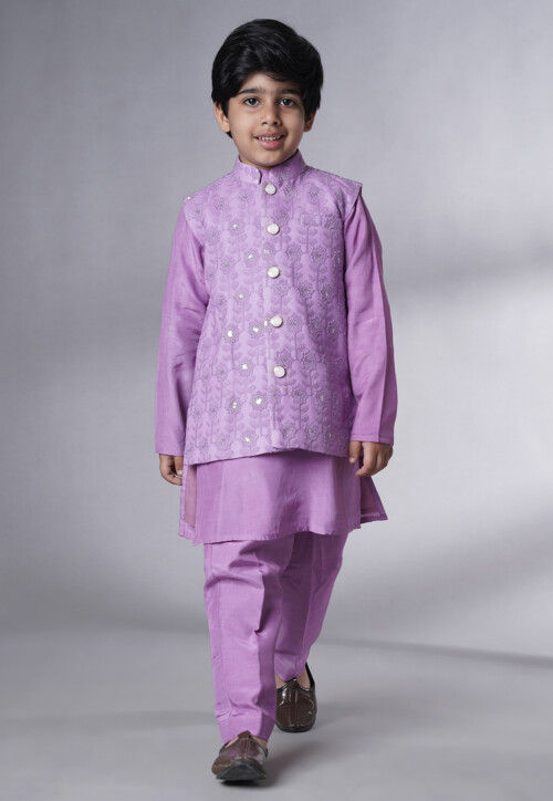 Embroidered Muslin Silk Sherwani Set in Light Purple