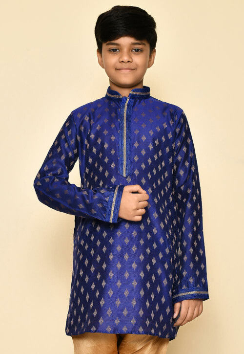 Embroidered Neckline Art Silk Jacquard Kurta in Navy Blue