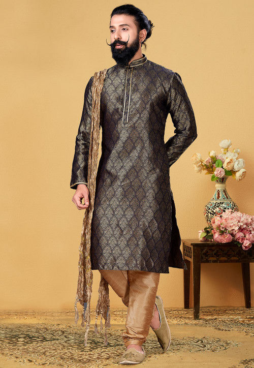 Embroidered Neckline Art Silk Jacquard Kurta Set in Grey