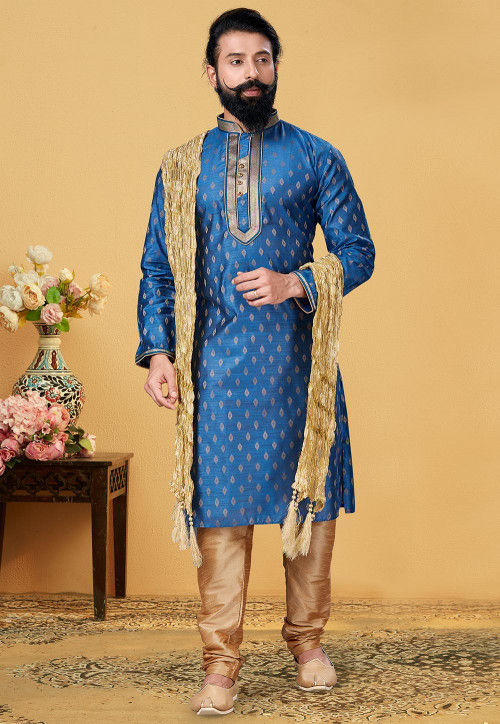 Embroidered Neckline Art Silk Jacquard Kurta Set in Blue