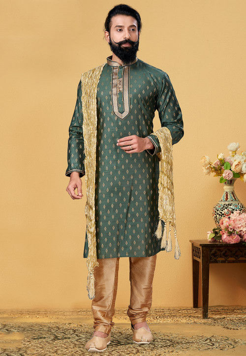 Embroidered Neckline Art Silk Jacquard Kurta Set in Dark Green