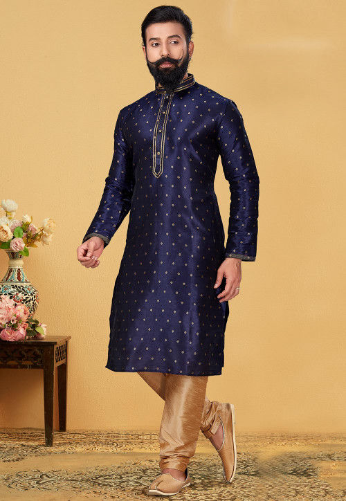 Embroidered Neckline Art Silk Jacquard Kurta Set in Navy Blue