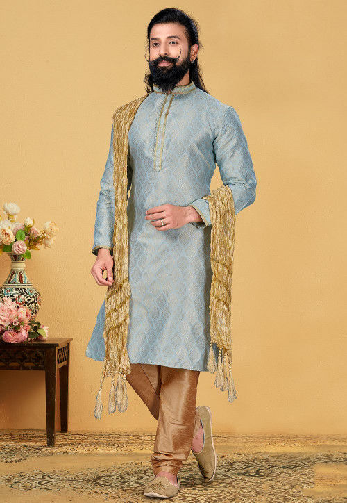 Embroidered Neckline Art Silk Jacquard Kurta Set in Sky Blue