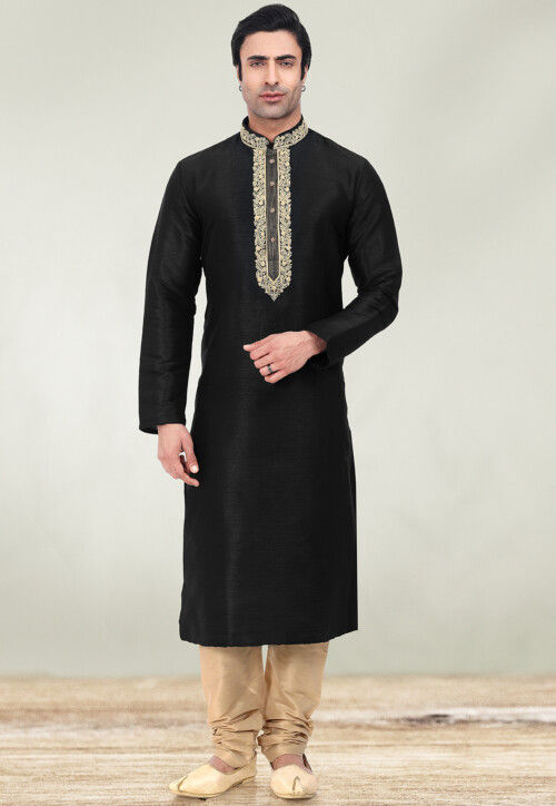 Embroidered Neckline Art Silk Kurta Set in Black