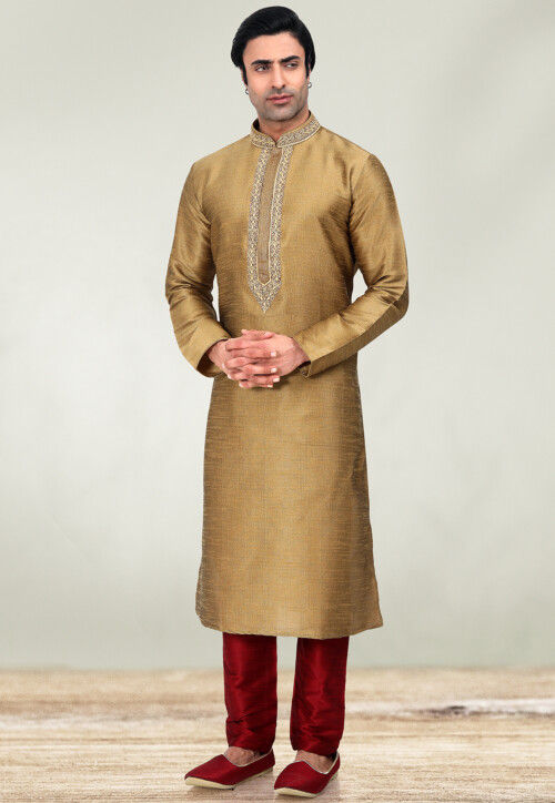 Embroidered Neckline Art Silk Kurta Set in Golden