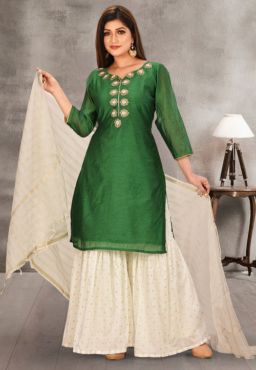 Embroidered Neckline Chanderi Cotton Pakistani Suit in Green