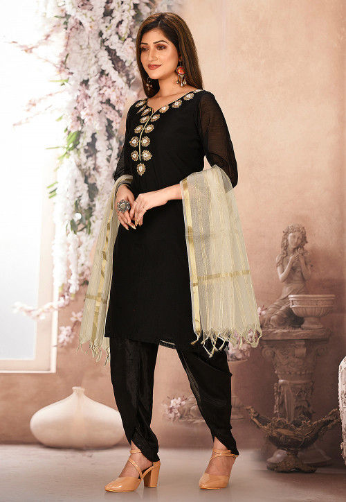 Embroidered Neckline Chanderi Cotton Punjabi Suit in Black