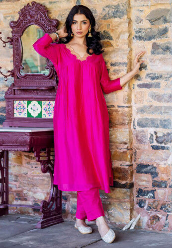 Embroidered Neckline Chanderi Straight Kurta Set in Fuchsia