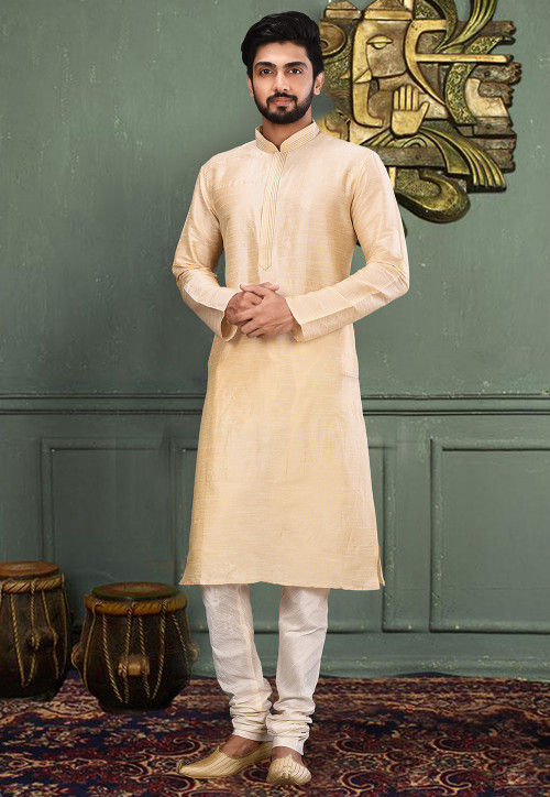 Embroidered Neckline Dupion Silk Kurta Set in Light Beige