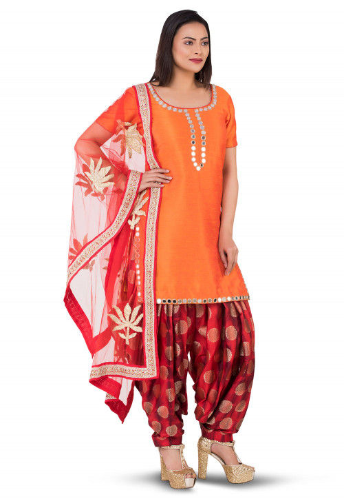 Embroidered Neckline Dupion Silk Punjabi Suit in Orange