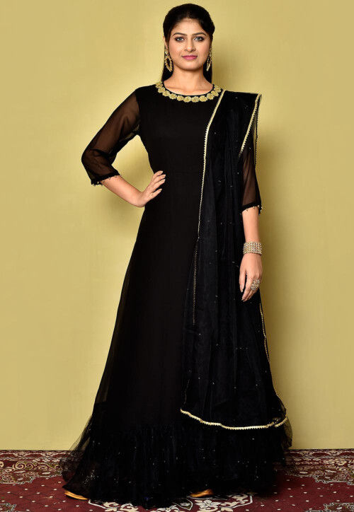 Embroidered Neckline Georgette Gowns in Black