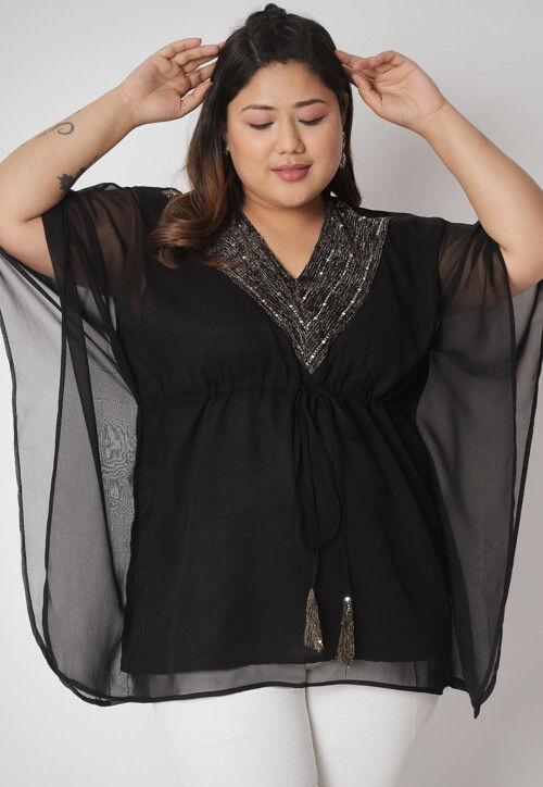 Buy Embroidered Neckline Georgette Kaftan Style Top in Black Online TRB1949 Utsav Fashion