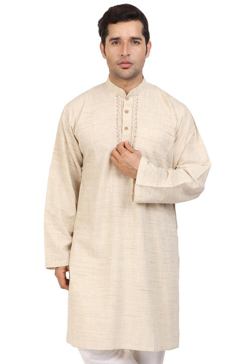 Embroidered Neckline Handloom South Cotton Kurta in Light Beige