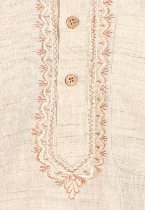Embroidered Neckline Handloom South Cotton Kurta in Light Beige