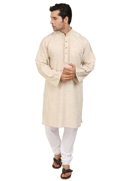 Embroidered Neckline Handloom South Cotton Kurta in Light Beige