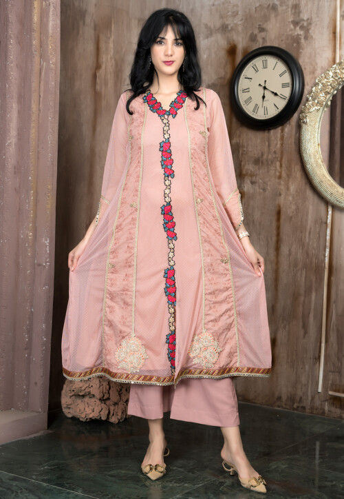 Embroidered Net A Line Kurta Set in Peach